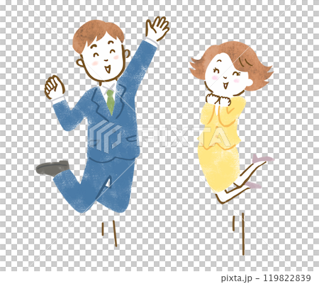 笑顔でジャンプするスーツ姿の男女のイラスト 笑顔でジャンプするスーツ姿の男女のイラスト 119822839