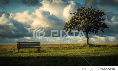 Lone Bench and Tree in a Peaceful Meadow under Dramatic Cloudy Sky 119822840