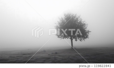Lone Tree in Misty Field Creating a Mysterious and Serene Atmosphere 119822841
