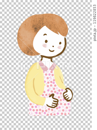 Illustration of the upper body of a pregnant woman smiling at her belly 119822853