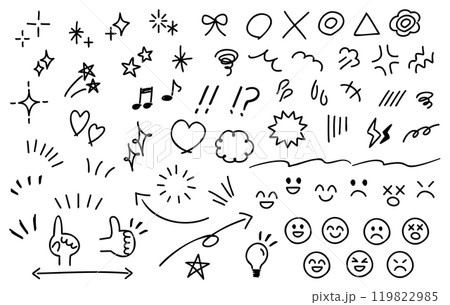 感情・感嘆符・顔文字のかわいい手書きアイコン　白黒 119822985