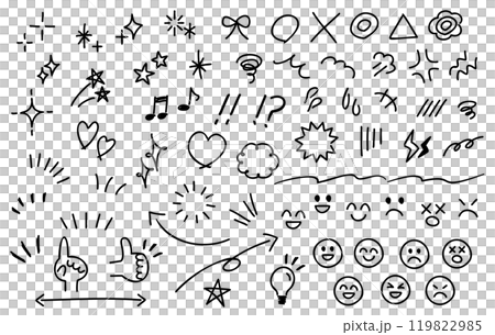 感情・感嘆符・顔文字のかわいい手書きアイコン　白黒 119822985