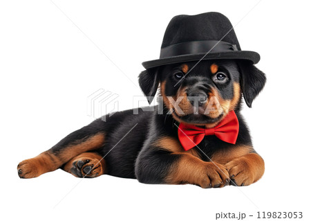 AI-generated item. Rottweiler puppy with black hat and red bow tie on transparent background. 119823053