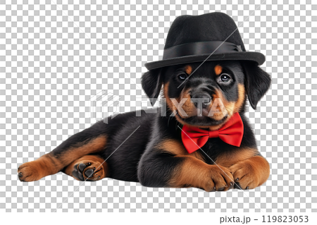 AI-generated item. Rottweiler puppy with black hat and red bow tie on transparent background. 119823053