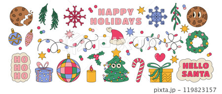 Retro Xmas sticker. Groovy cartoon gift, funny Santa hat. Round icon festive collection, New Year celebration. Winter holiday of 70s style. Merry Christmas, hippie element. Vector garish trendy set Retro Xmas sticker. Groovy cartoon gift, funny Santa hat. Round icon festive collection, New Year celebration. Winter holiday of 70s style. Merry Christmas, hippie element. Vector garish trendy set 119823157