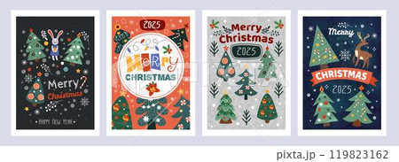 New Year card pattern. Background with Merry Christmas tree. Winter doodles. Happy abstract ornament. Cute snowy forest postcard. Poster and banner collection. Vector tidy cartoon festive illustration 119823162