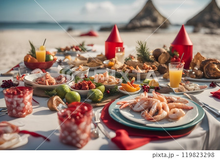 Christmas in hot countries. A festive table on the beach. 119823298