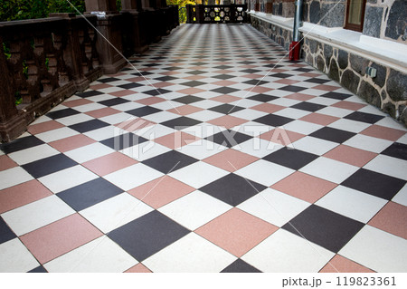 Tiled outdoor terrace. Public outdoor space. Architecture and design 119823361