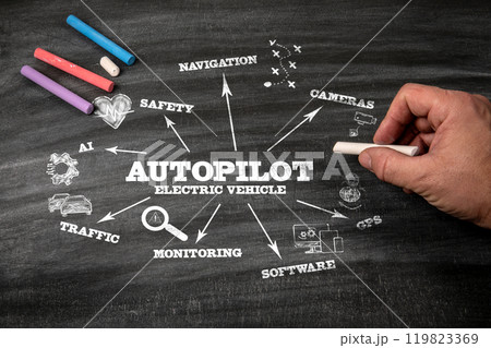 Electric Vehicle Autopilot. Black scratched textured chalkboard background 119823369