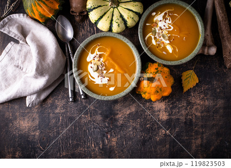 Vegetarian autumn pumpkin cream soup Vegetarian autumn pumpkin cream soup 119823503