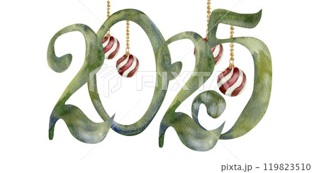 New year decoration, 2025 green numbers for lunar calendar snake symbol year with hanging balls watercolor illustration. Hand drawn isolated arrangement for packing ,poster, web design. 119823510