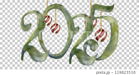 New year decoration, 2025 green numbers for lunar calendar snake symbol year with hanging balls watercolor illustration. Hand drawn isolated arrangement for packing ,poster, web design. 119823510