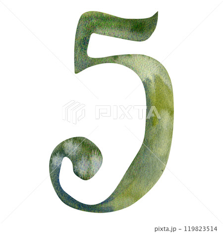 number five green new year color watercolor illustration. Hand drawn clip art for interior, school, newborn dating design. New year lunar calendar snake symbol of 2025 invitation, card number five green new year color watercolor illustration. Hand drawn clip art for interior, school, newborn dating design. New year lunar calendar snake symbol of 2025 invitation, card 119823514