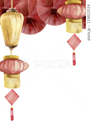 Lunar Spring festival greeting card template with Chinese red paper lantern, hanging yellow lights and asian traditional fans watercolor illustration. New year invitation, poster design. Lunar Spring festival greeting card template with Chinese red paper lantern, hanging yellow lights and asian traditional fans watercolor illustration. New year invitation, poster design. 119823524