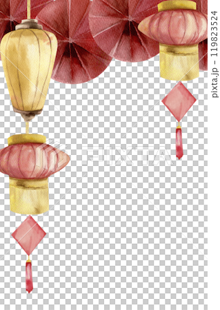 Lunar Spring festival greeting card template with Chinese red paper lantern, hanging yellow lights and asian traditional fans watercolor illustration. New year invitation, poster design. Lunar Spring festival greeting card template with Chinese red paper lantern, hanging yellow lights and asian traditional fans watercolor illustration. New year invitation, poster design. 119823524