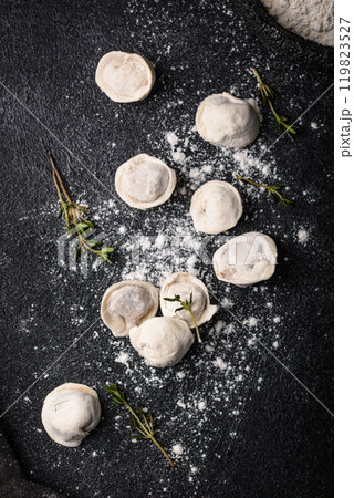 Raw dumplings or ravioli on black background 119823527
