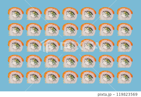Colorful sushi rolls in repetitive pattern 119823569