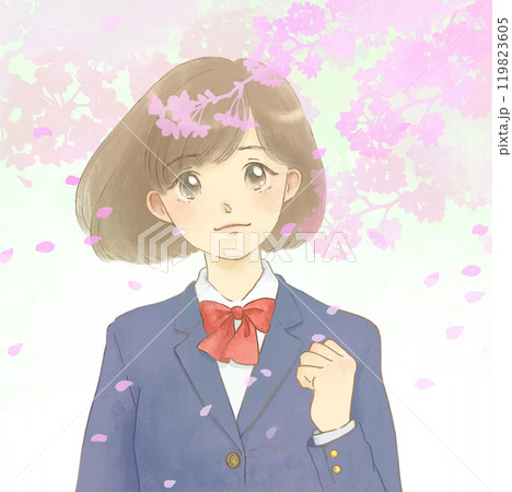 制服を着た女の子と桜のイラスト ガッツポーズ 制服を着た女の子と桜のイラスト ガッツポーズ 119823605