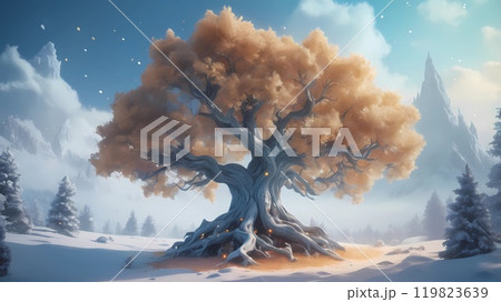 colorful illustration of Christmas background of defocused lights with decorated Christmas tree. 119823639