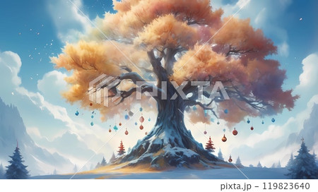 colorful illustration of Christmas background of defocused lights with decorated Christmas tree. 119823640
