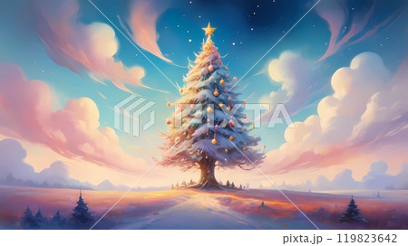 colorful illustration of Christmas background of defocused lights with decorated Christmas tree. 119823642