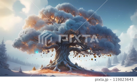 colorful illustration of Christmas background of defocused lights with decorated Christmas tree. 119823643