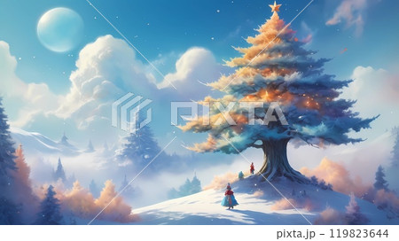 colorful illustration of Christmas background of defocused lights with decorated Christmas tree. 119823644