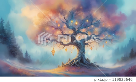 colorful illustration of Christmas background of defocused lights with decorated Christmas tree. 119823646