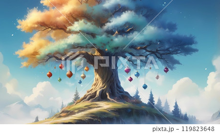 colorful illustration of Christmas background of defocused lights with decorated Christmas tree. 119823648