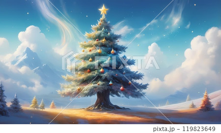 colorful illustration of Christmas background of defocused lights with decorated Christmas tree. 119823649