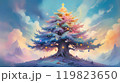colorful illustration of Christmas background of defocused lights with decorated Christmas tree. 119823650