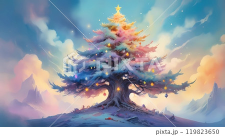 colorful illustration of Christmas background of defocused lights with decorated Christmas tree. 119823650