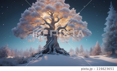 colorful illustration of Christmas background of defocused lights with decorated Christmas tree. 119823651