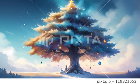 colorful illustration of Christmas background of defocused lights with decorated Christmas tree. 119823652