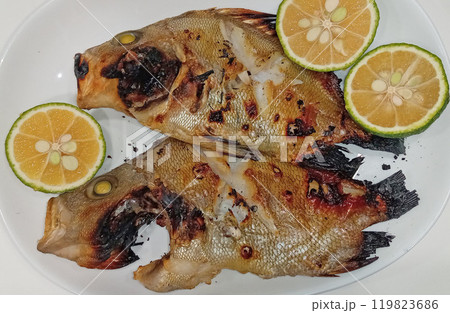 セトダイの塩焼きにスダチをのせて セトダイの塩焼きにスダチをのせて 119823686