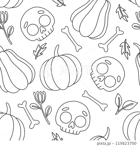 Coloring book. Vector seamless pattern for Halloween. Cute print for kids. Drawing in doodle style Coloring book. Vector seamless pattern for Halloween. Cute print for kids. Drawing in doodle style 119823700