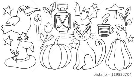 coloring book.cute vector set for halloween. funny characters for kids. doodle 119823704