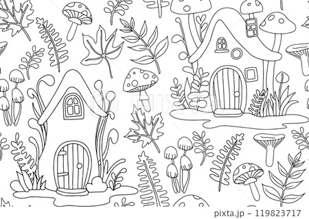 Coloring book. Vector seamless pattern with cute fairy-tale mushroom houses. Drawing in doodle style 119823717