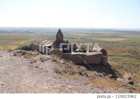 Ancient Armenian Apostolic Church on a hilltop overlooking a vast plain 119823962