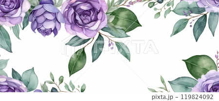 Colorful floral border design featuring purple and red roses deal for invitations or greeting cards 119824092