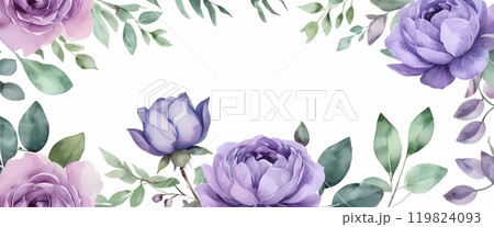 Colorful floral border design featuring purple and red roses deal for invitations or greeting cards 119824093