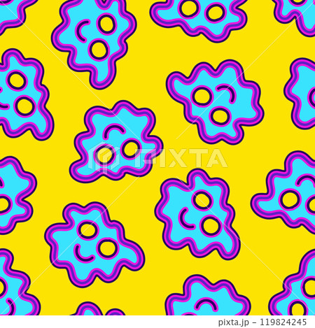 Colorful groovy hippie pattern with geometric smile shapes on yellow background Colorful groovy hippie pattern with geometric smile shapes on yellow background 119824245