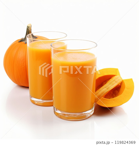 Glasses of pumpkin juice and some pumpkin slices on the side white background. 119824369