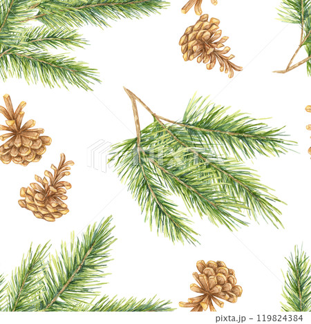 Pine cones and spruce branches with green needles forming a seamless watercolor pattern. Cedar, fir clipart Perfect for designing holiday gift wrap, custom fabric prints, and seasonal home decor Pine cones and spruce branches with green needles forming a seamless watercolor pattern. Cedar, fir clipart Perfect for designing holiday gift wrap, custom fabric prints, and seasonal home decor 119824384