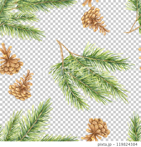 Pine cones and spruce branches with green needles forming a seamless watercolor pattern. Cedar, fir clipart Perfect for designing holiday gift wrap, custom fabric prints, and seasonal home decor Pine cones and spruce branches with green needles forming a seamless watercolor pattern. Cedar, fir clipart Perfect for designing holiday gift wrap, custom fabric prints, and seasonal home decor 119824384