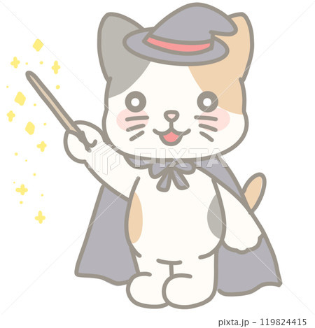 杖で魔法をかける魔法使いの三毛猫のイラスト 119824415