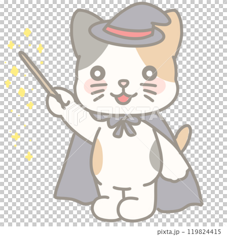 杖で魔法をかける魔法使いの三毛猫のイラスト 119824415