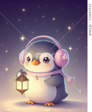 Penguin with Lantern and Earmuffs on a Starry Winter Night 119824532