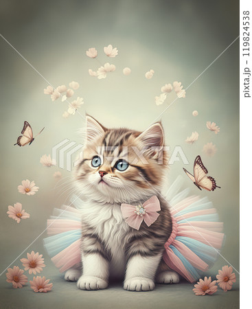 Kitten in Pastel Tutu with Bow and Butterflies on Soft Background 119824538