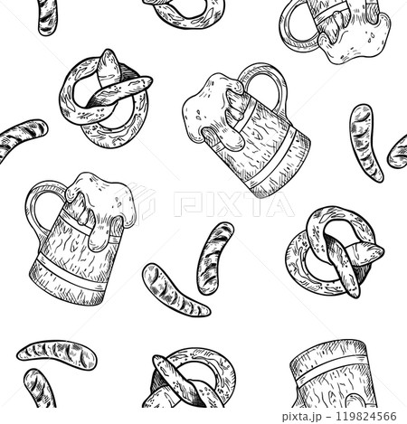 Beer festival black white seamless pattern isolated. Wooden beer mug, pretzel, sausage vector hand drawn. Monochrome repeated texture with tankard and snacks for wrapping paper, pub, Oktoberfest. 119824566